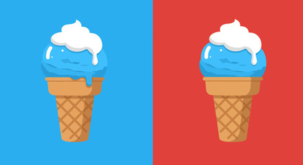 Two delicious blue ice cream cones with white topping shown side by side on contrasting red and blue backgrounds