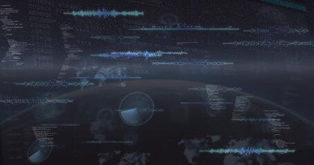 Animation of data processing over globe against blue background - Powered by Adobe