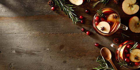 Two mugs filled with warm spiced apple cider garnished with cranberries and fresh rosemary rest on rustic wooden table evoking cozy festive holiday atmosphere for seasonal use.