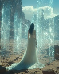Woman In White Dress Among Crystalline Structures In Surreal Landscape
