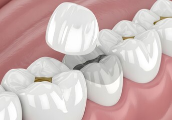 Illustration showing dental crown placement on a tooth with a filling in a row of teeth
