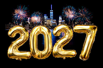 2027 New Years Eve celebration illustration gold balloons with fireworks in the background.