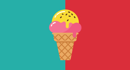 Vibrant illustration of a dripping pink and yellow ice cream cone against a split teal and red background