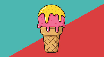 Vibrant cartoon illustration of a dripping strawberry and vanilla ice cream cone on a split background