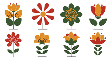 Collection of eight stylized folk art flowers in vibrant orange red yellow and green hues