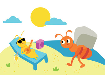Funny cartoon illustration of an ant working hard while a grasshopper relaxes on a sunbed playing guitar