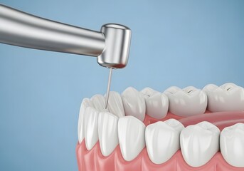 Close up of dental drill being used on teeth against a blue background in a dental procedure