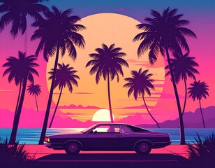 A vintage car drives along a tropical beach road at sunset, bathed in vibrant colors.