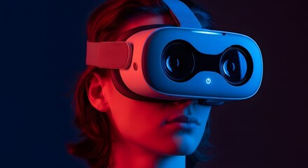 A person wearing a virtual reality headset illuminated with blue and red lighting effects present