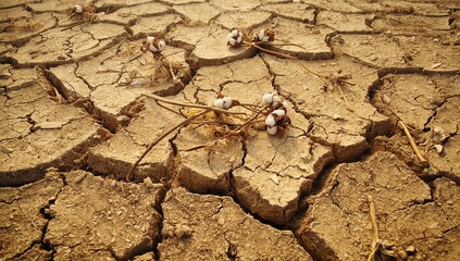 Close up of deep cracks in parched earth of a drought stricken farmland withered crops and dry soil