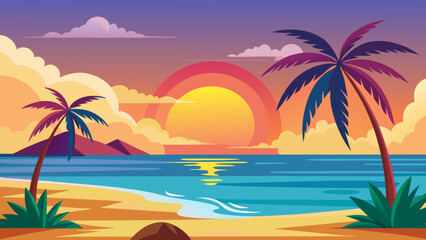 Fototapeta premium Vector art of a picturesque tropical beach scene at sunset, featuring palm trees, calm waters, and a vibrant sky, perfect for a relaxing vacation getaway