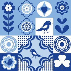 Blue and white cheerful set with flowers and birds as tiles, seamless decor as background.
Kid's cheerful regular pattern.