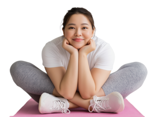 Smiling curvy asian woman relaxing in butterfly yoga pose image isolated transparent. Easy stretching female with chin resting on hands on mat cut out photo png. Body positivity cutout