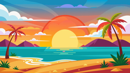 Obraz premium Vector art of a vibrant tropical beach scene with a stunning sunset, palm trees swaying gently, and the serene ocean reflecting the warm colors of the sky