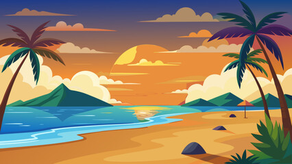 Fototapeta premium Vector art of a serene tropical beach landscape at sunset with palm trees, mountains, and a calm ocean, creating a peaceful and idyllic vacation scene