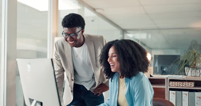 Business people, computer and high five for celebration, funding and idea approval with project planning. Manager, employee and excited for brand consultant, creative agency and proposal success