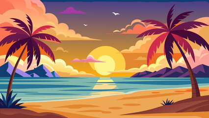 Fototapeta premium Vector art of a breathtaking sunset over a serene beach with palm trees, casting a warm glow on the tranquil sea, creating a perfect vacation scene