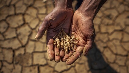 Close up of a farmers worn hands holding withered dried crops in a drought field in Maharashtra