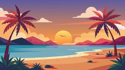 Fototapeta premium Vector art of a vibrant tropical beach sunset with palm trees, mountains, and a bird flying across the sun creating a picturesque and serene vacation scene