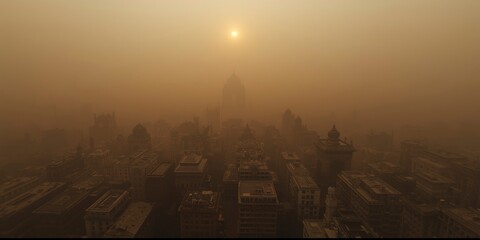 Wide angle view of a heat stricken cityscape of Delhi under a thick layer of smog and haze