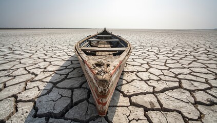 Ground level view of a stranded abandoned fishing boat on a dry lake bed in Sindh Pakistan