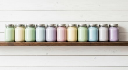 Row of Pastel Colored Mason Jars on Wooden Shelf.