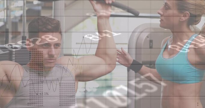 Multiple changing numbers against caucasian fit man working out at the gym