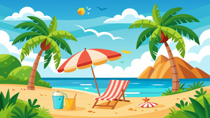 Obraz premium Vector art of tropical beach with palm tree, umbrella, and chair on a sunny day, perfect for summer vacation and relaxation in a paradise island