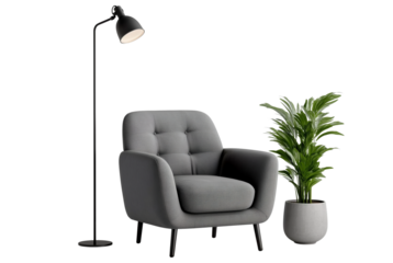 3d model of a  sofa with buttons, a scandinavian-style sofa with wooden legs, at a 45-degree angle, against a gray background, with a perspective grid on the floor and in the bottom-left corner 