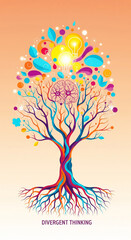 Colorful divergent thinking tree illustration with glowing lightbulbs, symbolizing imagination, brain power, and new ideas.