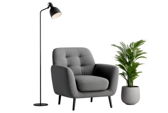 3d model of a  sofa with buttons, a scandinavian-style sofa with wooden legs, at a 45-degree angle, against a gray background, with a perspective grid on the floor and in the bottom-left corner 