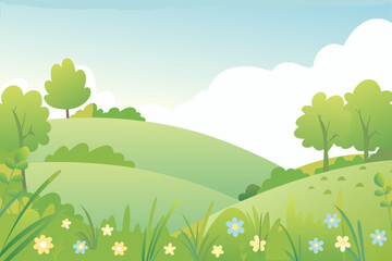 Fototapeta premium a serene landscape with rolling hills trees flowers and fluffy clouds