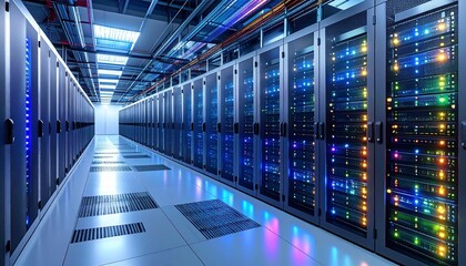 Modern data center with glowing server racks