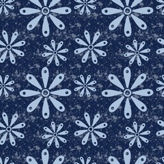 Blue white seamless background with flowers.
Abstract, repeating regular pattern for print.
Graphic design with regular shapes.