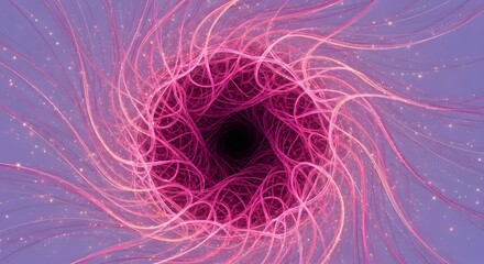 Abstract pink and purple vortex with glowing lines and sparkles leading to black center