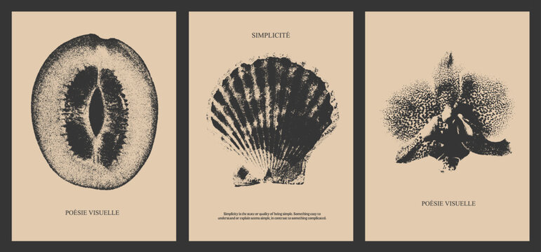 Grainy posters with a retro photocopy effect. Y2K stickers for design. Modern retro grunge vector illustration. For t-shirt print, social media, banners