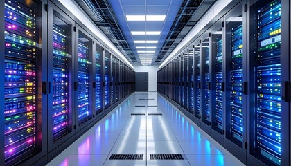 Modern data center with glowing server racks