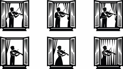 Silhouetted musicians playing violins within open windows, adding an artistic touch to any creative project