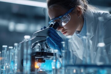 In a well-lit laboratory, a female scientist in protective eyewear closely observes samples through a microscope with intense focus