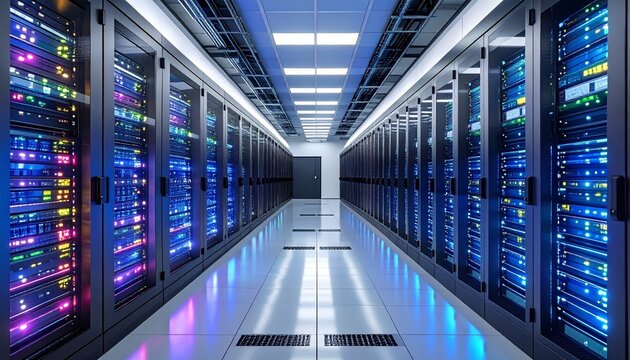 Modern data center with glowing server racks