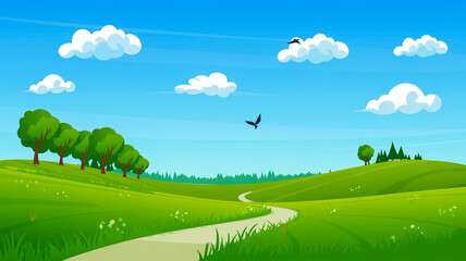 Vibrant cartoon landscape with rolling green hills a winding path and fluffy white clouds in a blue sky