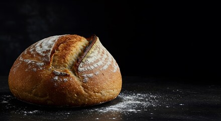 Artisan loaf of crusty homemade bread with a perfect score, isolated on a black table with dramatic lighting and copy space