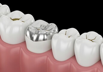 Close up of teeth with one tooth having a metal crown and some teeth showing minor cracks dental work