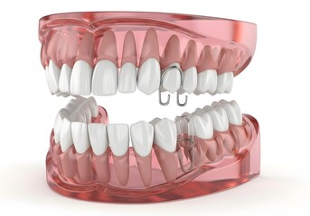 Obraz premium A dental model showing teeth and gums with a partial denture attached on a white background view