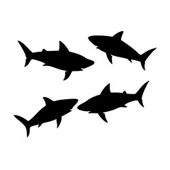 Obraz premium Vector art of four shark silhouettes swimming together, a group of marine predators in the ocean, a dangerous and wild animal in the sea