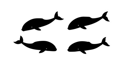Vector art of a group of four whale silhouettes swimming together, , creating a simple and elegant design for marine life and conservation awareness