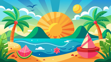 Fototapeta premium Vector art of colorful summer beach landscape with palm trees, sun, and tropical elements