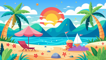 Obraz premium Vector art of beautiful tropical beach landscape with palm trees and sunset illustration