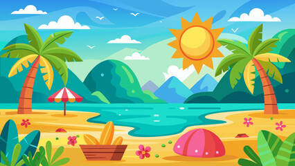 Obraz premium Vector art of beautiful tropical beach landscape with palm trees and sun illustration