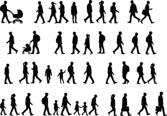 Silhouettes of people walking, parents with children, men and women in motion, urban pedestrian activity, family lifestyle, daily street life.